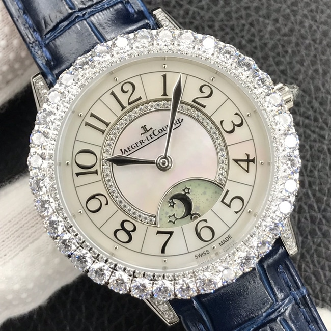 GF Factorytop-tier watch Jaeger-LeCoultre women's white dial blue belt dating series leather strap watch front view