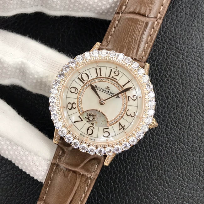 GF Factorytop-tier watch Jaeger-LeCoultre women's white dial brown belt dating series mechanical leather strap watch front view