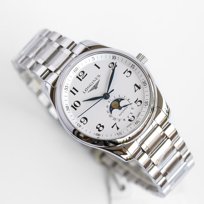GF Factory Top collectible watches Longines Men's White Plate Steel Strap Masterpiece Series Moon Phase 42mm Mechanical Watch Front View