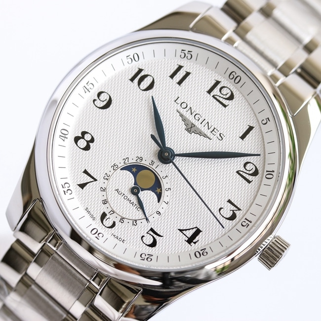 GF Factory Top collectible watches Longines Men's White Plate Steel Strap Masterpiece Series Moon Phase 42mm Mechanical Watch Front View