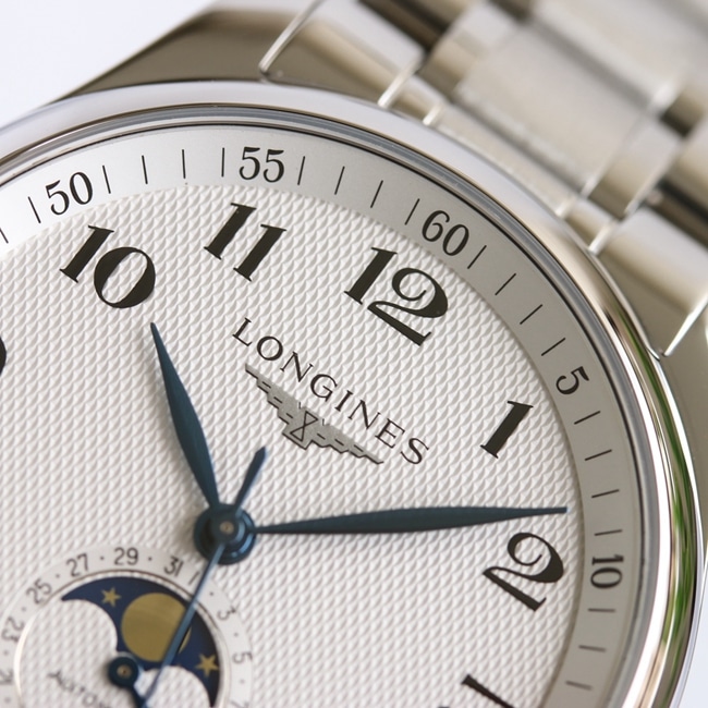 GF Factory Top collectible watches Longines Men's White Plate Steel Strap Masterpiece Series Moon Phase 42mm Mechanical Watch Details