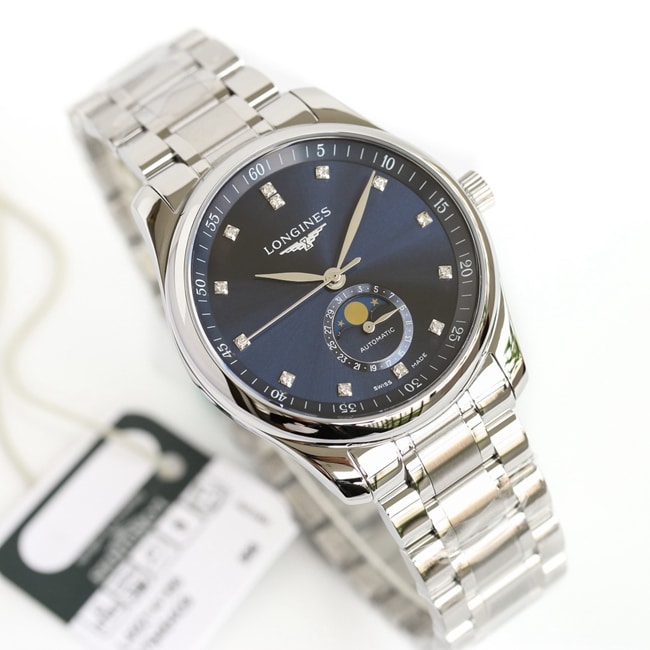 GF Factorytop-tier watch Longines automatic movement men's blue dial master series moon phasesteel bracelet watch front view