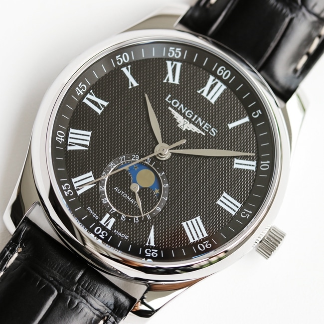 GF Factorytop-tier watch Longines men's black dial black belt master series watch front view