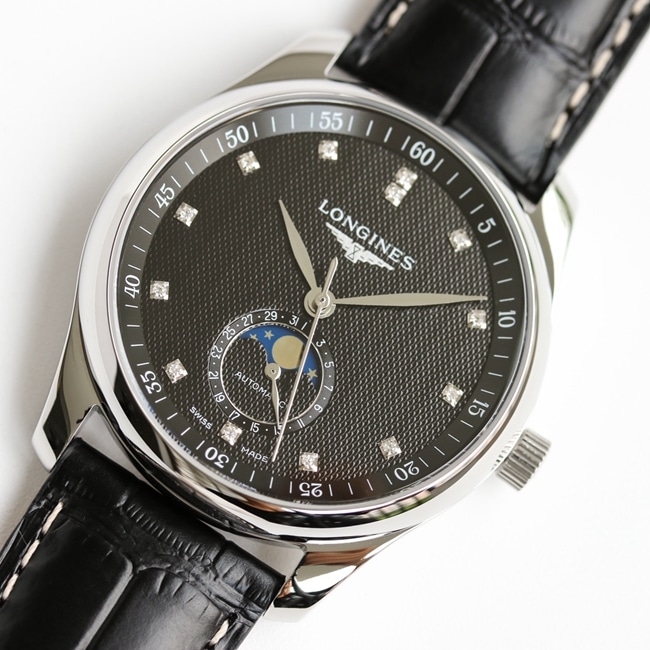 GF Factory top-tier watch Longinesmoon phase 42mm men's black dial black belt automatic movementleather strap watch front view