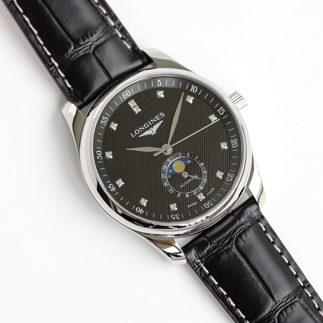 GF Factory top-tier watch Longinesmoon phase 42mm men's black dial black belt automatic movementleather strap watch front view