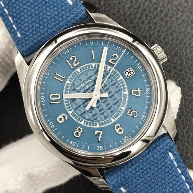 3K Factorytop-tier watch Patek Philippe men's blue dial blue belt 6007 series mechanical nylon strap watch front view
