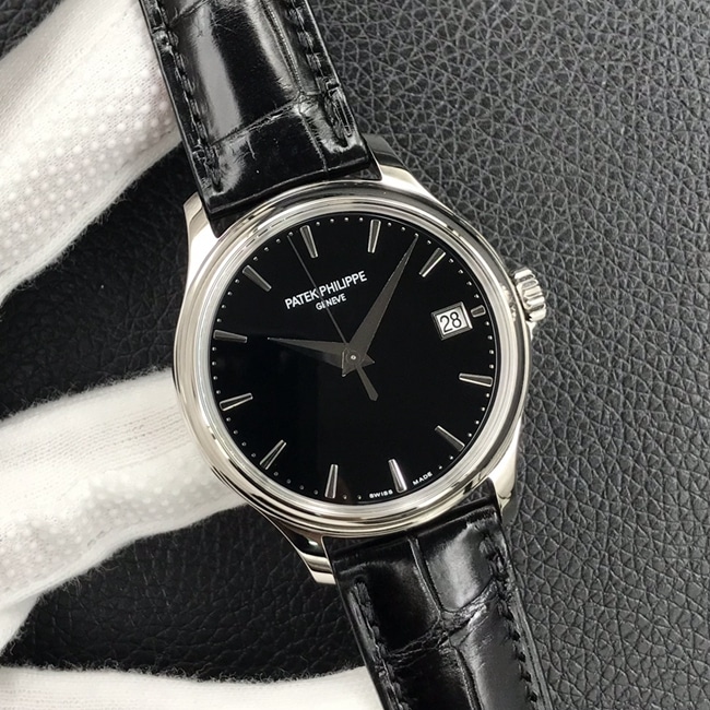 3k factory top-tier watch Patek Philippe men's black dial black belt automatic movementleather strap watch front view