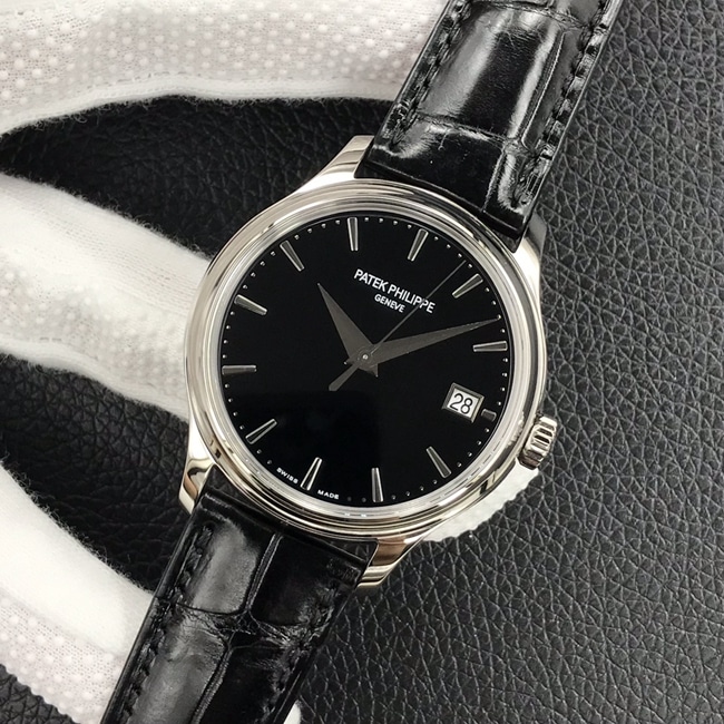 3k factory top-tier watch Patek Philippe men's black dial black belt automatic movementleather strap watch front view
