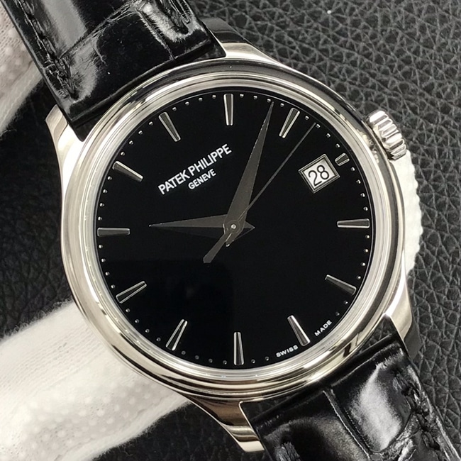 3k factory top-tier watch Patek Philippe men's black dial black belt automatic movementleather strap watch front view