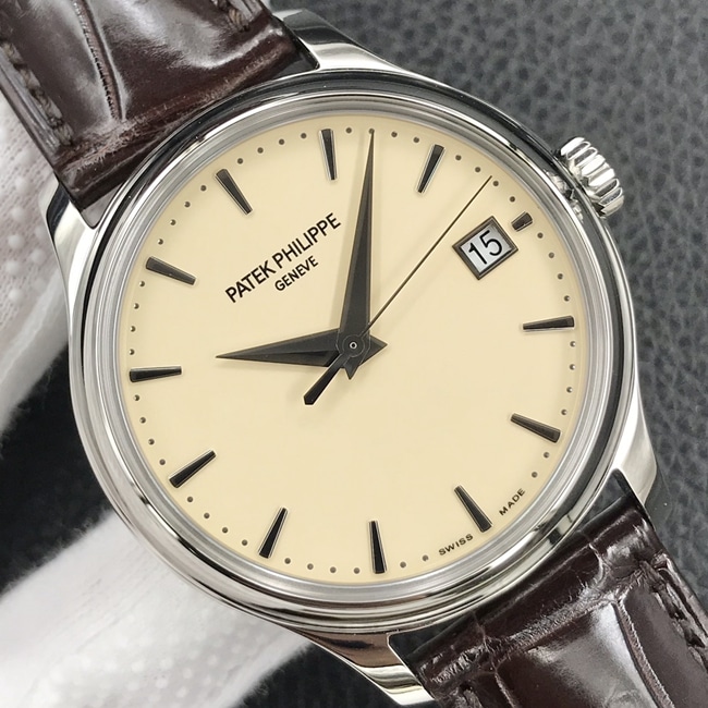 3k factory top-tier watch Patek Philippe yellow plate brown belt automatic movement men's leather strap watch front view