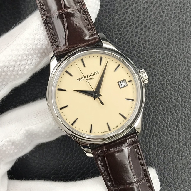 3k factory top-tier watch Patek Philippe yellow plate brown belt automatic movement men's leather strap watch front view