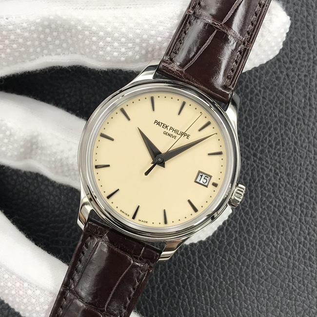 3k factory top-tier watch Patek Philippe yellow plate brown belt automatic movement men's leather strap watch front view