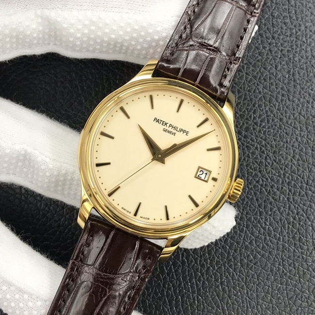 3k factory top-tier watch Patek Philippe men's yellow plate brown belt automatic movement retro watch front view