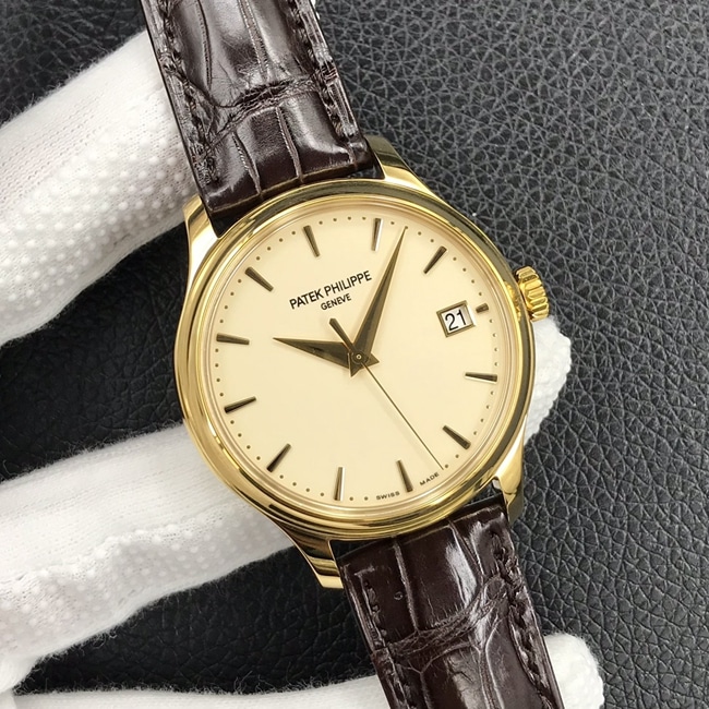 3k factory top-tier watch Patek Philippe men's yellow plate brown belt automatic movement retro watch front view