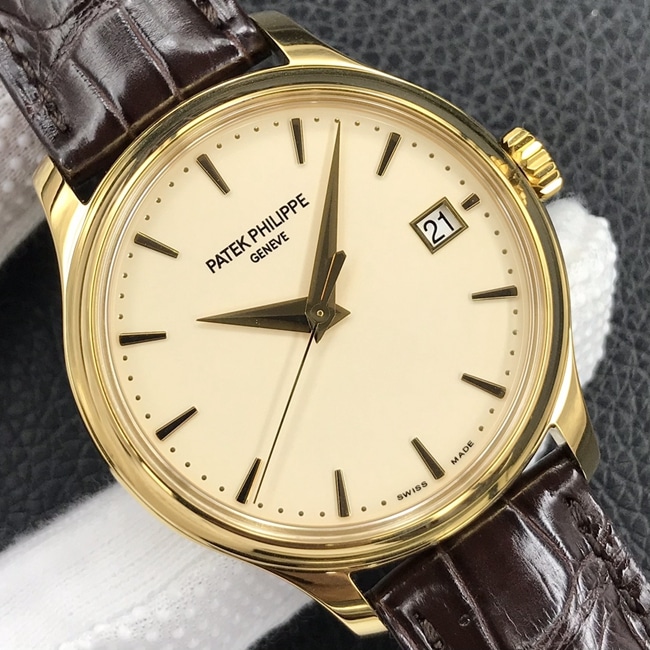 3k factory top-tier watch Patek Philippe men's yellow plate brown belt automatic movement retro watch front view