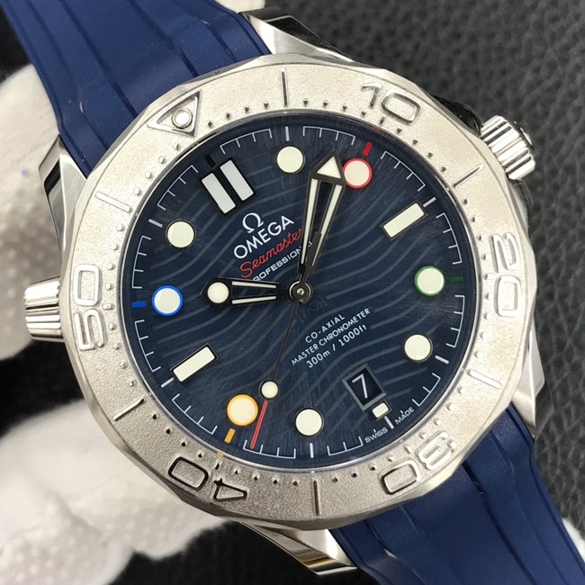 OR factory top-tier watch Omega men's blue dial blue belt Seamaster series watch front view