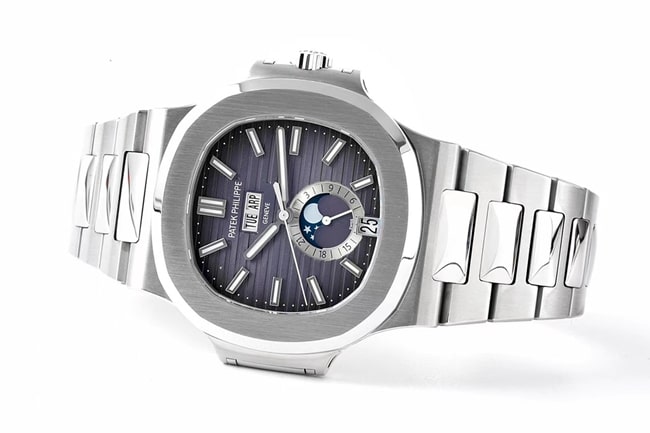 PPF Factorytop-tier replicaPatek Philippe men's black dialsteel braceletRef.5726/1A Nautilus series annual calendar automatic movement watch front view