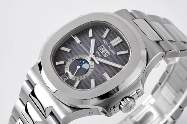 PPF Factorytop-tier replicaPatek Philippe men's black dialsteel braceletRef.5726/1A Nautilus series annual calendar automatic movement watch front view