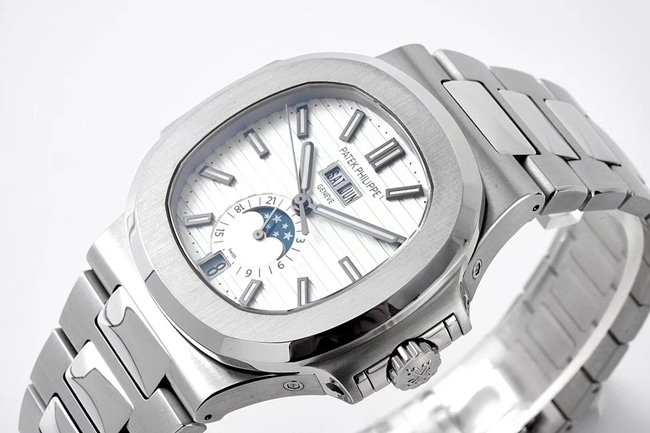 PPF Factorytop-tier watch Patek PhilippeNautilus series annual calendar men's white dialsteel braceletautomatic movement watch front view
