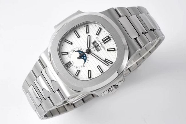 PPF Factorytop-tier watch Patek PhilippeNautilus series annual calendar men's white dialsteel braceletautomatic movement watch front view