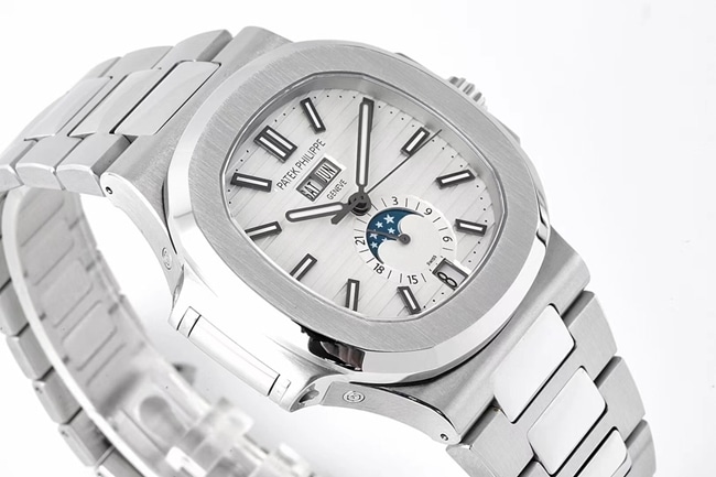 PPF Factorytop-tier watch Patek PhilippeNautilus series annual calendar men's white dialsteel braceletautomatic movement watch front view