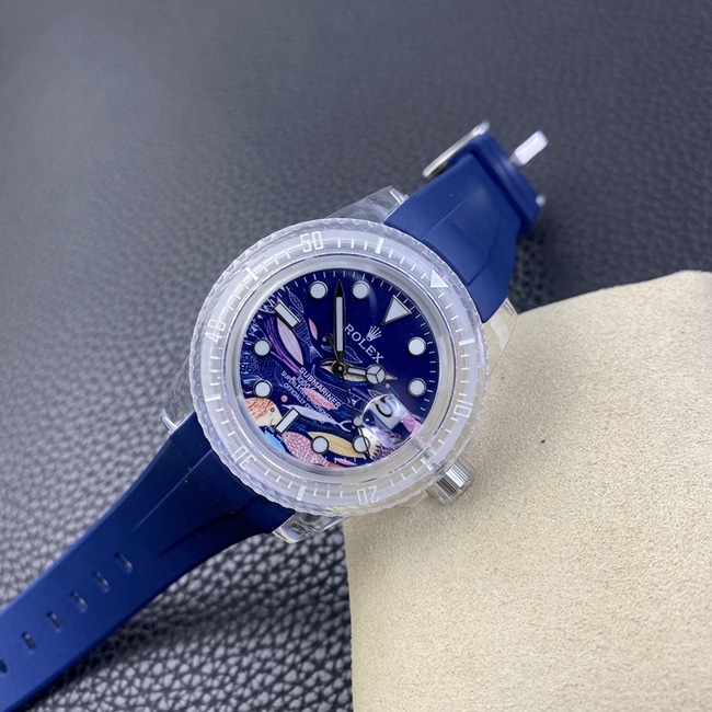 top-tier watch Rolex men's blue dialrubber strapautomatic movement watch front view
