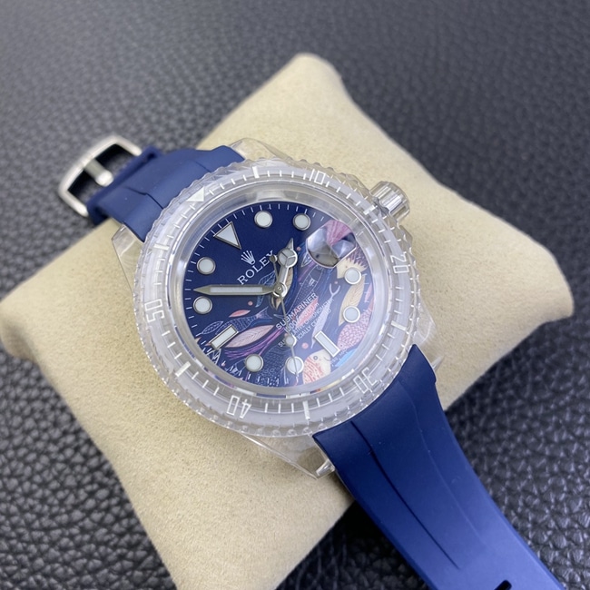 top-tier watch Rolex men's blue dialrubber strapautomatic movement watch front view
