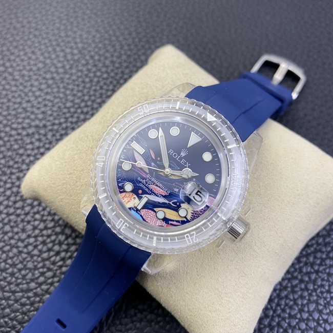 top-tier watch Rolex men's blue dialrubber strapautomatic movement watch front view
