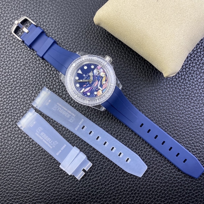 top-tier watch Rolex men's blue dialrubber strapautomatic movement watch front view