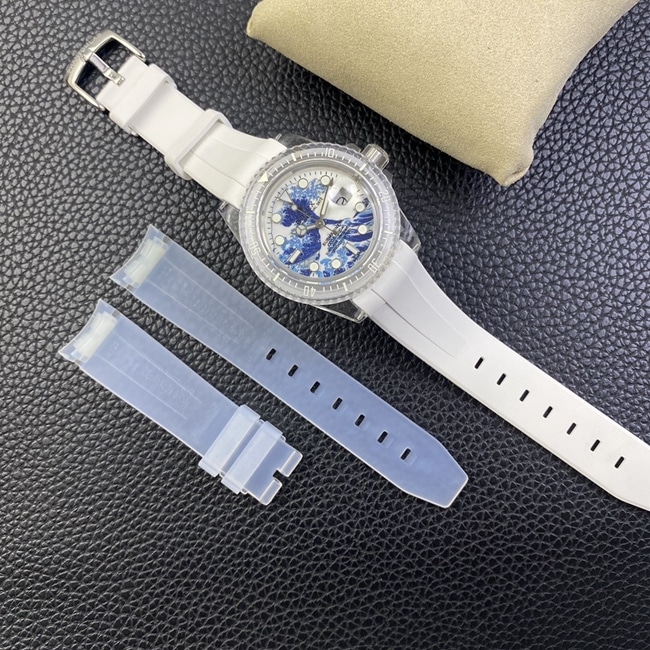 top-tier watch Rolexwhite dialrubber strap transparent Submariner men's super lume watch front view