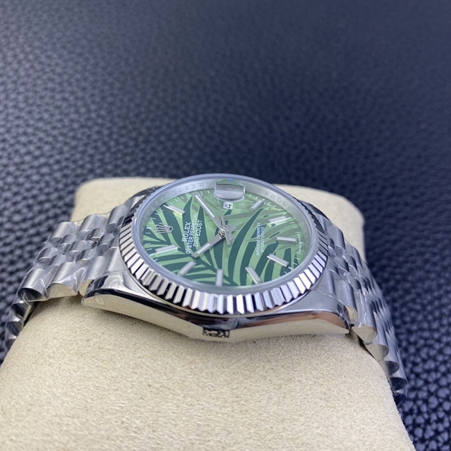 2021 top-tier watch Rolex log series 36mm new olive green jungle palm leaf pattern dial watch side view