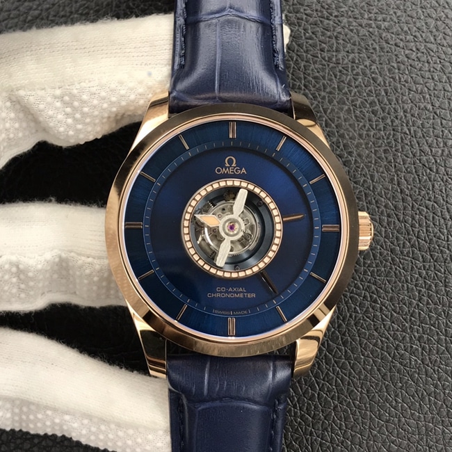 top-tier replicaOmega men's blue dial Cordon Bleu De Ville series automatic movement tourbillon watch front view