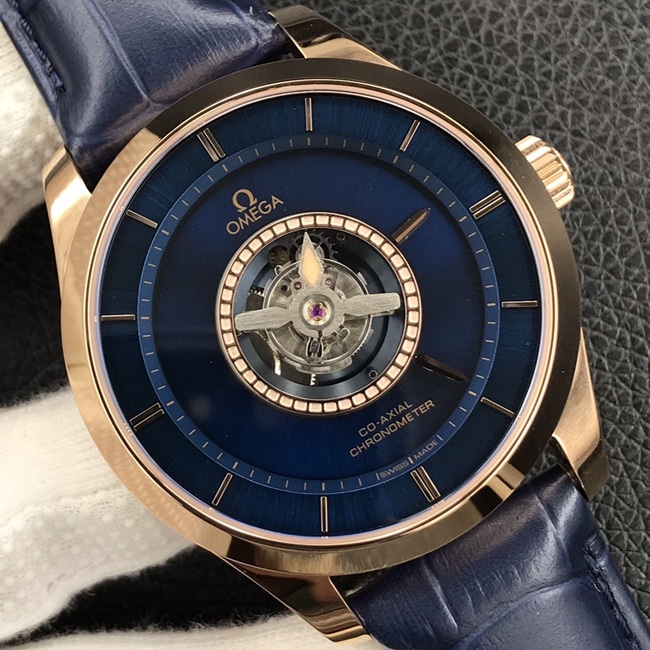 top-tier replicaOmega men's blue dial Cordon Bleu De Ville series automatic movement tourbillon watch front view