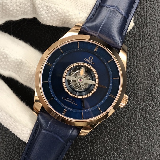 top-tier replicaOmega men's blue dial Cordon Bleu De Ville series automatic movement tourbillon watch front view