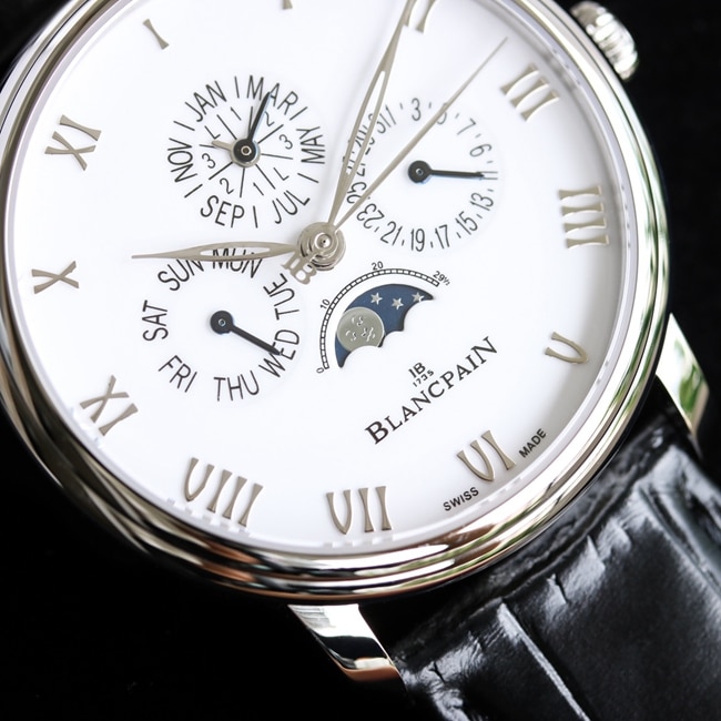top-tier watch Blancpain men's white dial black belt classic series 6656 automatic movement watch detail shots