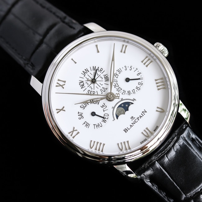 top-tier watch Blancpain men's white dial black belt classic series 6656 automatic movement watch front view