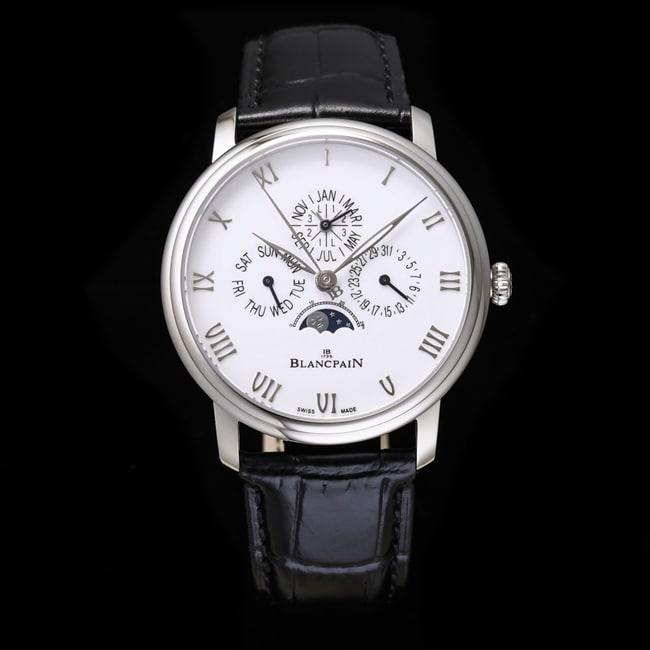 top-tier watch Blancpain men's white dial black belt classic series 6656 automatic movement watch front view