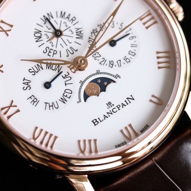 top-tier watch Blancpain classic series 6656 men's white dial brown belt automatic movementleather strap watch detail shots