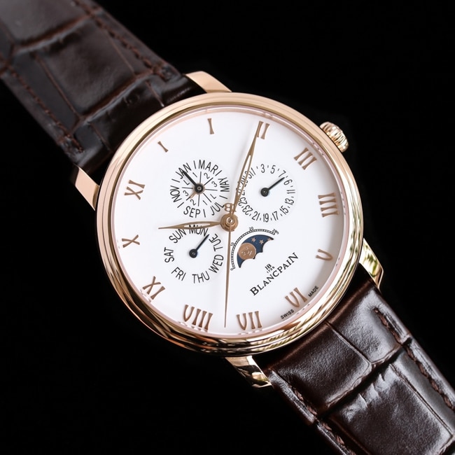 top-tier watch Blancpain classic series 6656 men's white dial brown belt automatic movementleather strap watch front view