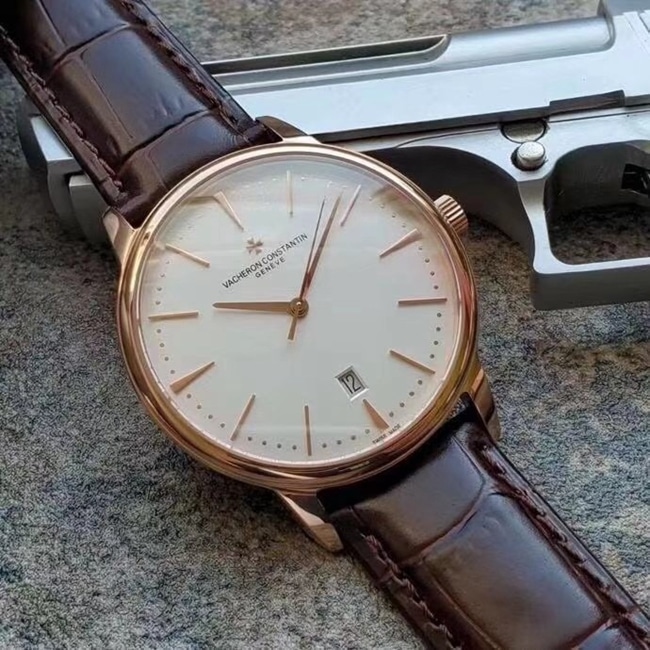 MKS Factorytop-tier replicaVacheron Constantin men's white dial brown belt heritage series 85180automatic movementleather strap watch front view