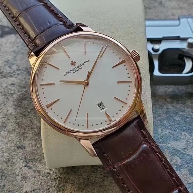MKS Factorytop-tier replicaVacheron Constantin men's white dial brown belt heritage series 85180automatic movementleather strap watch front view