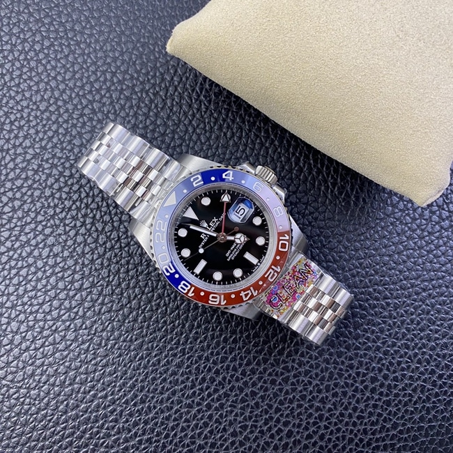 New top Rolex GMT-Master II red and blue "Coke" bezel automatic mechanical steel band men's watch, Jubilee bracelet, front view