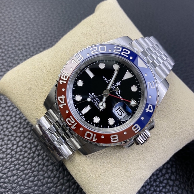 New top Rolex GMT-Master II red and blue "Coke" bezel automatic mechanical steel band men's watch, Jubilee bracelet, front view