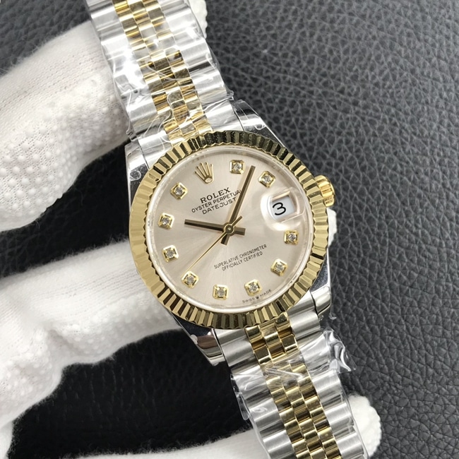 top-tier watch Rolex women's Datejust 31MM white dial gold band mechanical watch front view