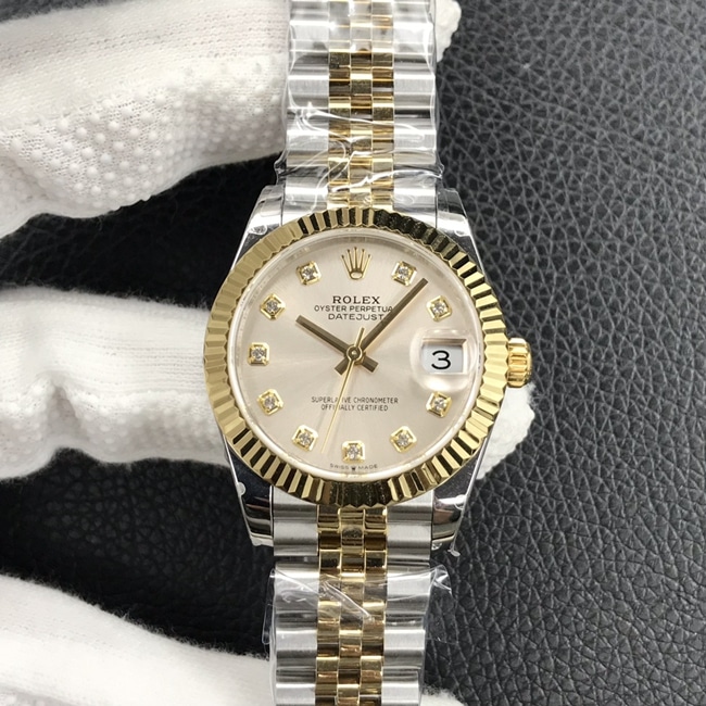 top-tier watch Rolex women's Datejust 31MM white dial gold band mechanical watch front view
