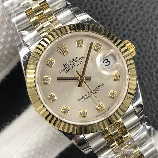 top-tier watch Rolex women's Datejust 31MM white dial gold band mechanical watch front view