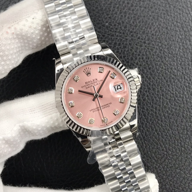Rolex women's top-tier watch Datejust pink dial steel bracelet 31MM mechanical watch front view