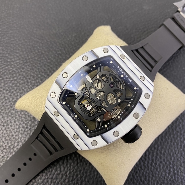 JB factory top-tier watch Richard Mille skull real tourbillon automatic movement men's black dialrubber strap watch front view