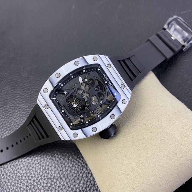 JB factory top-tier watch Richard Mille skull real tourbillon automatic movement men's black dialrubber strap watch front view