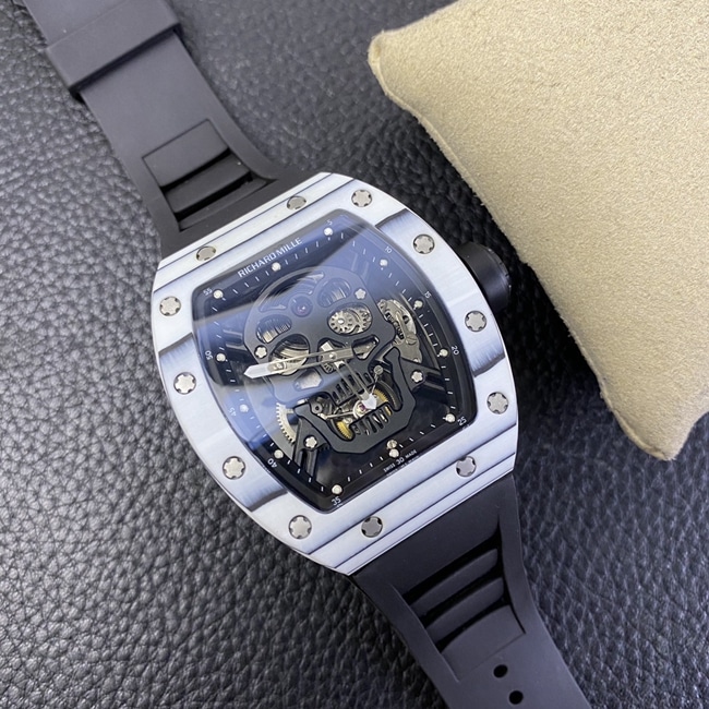 JB factory top-tier watch Richard Mille skull real tourbillon automatic movement men's black dialrubber strap watch front view